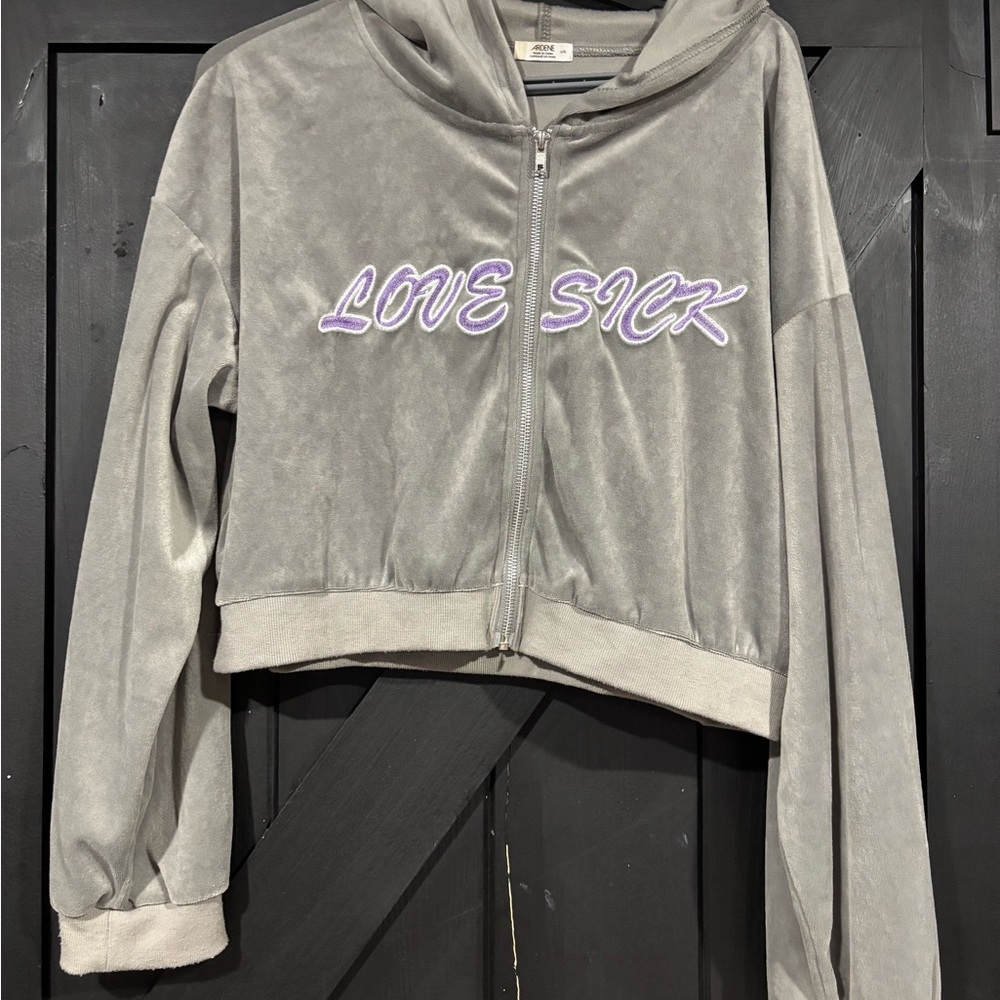 Gray Zip-Up Hoodie with Purple Embroidery cropped